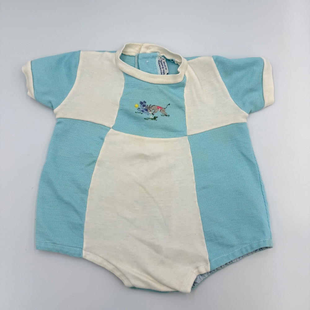 Vtg 60-80s Swiss Baby Romper 0–3M –‎ Cotton Colorblock, Donkey Embroidery, Snap